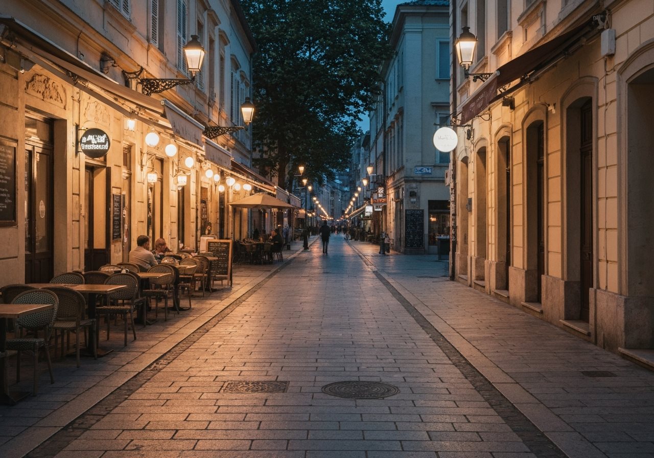 Warm evening street scene with cafe lights and outdoor seating