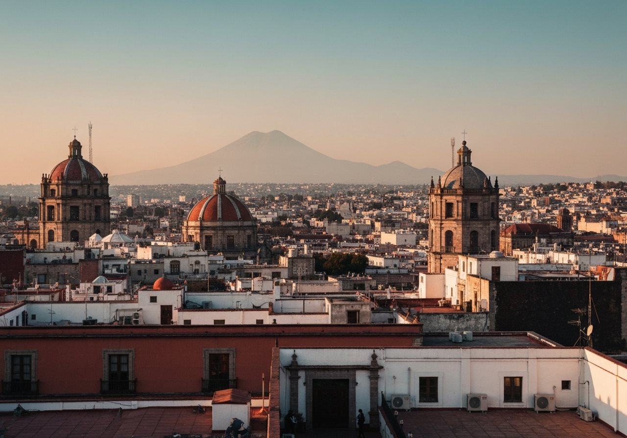 Mexico City rooftop view at golden hour