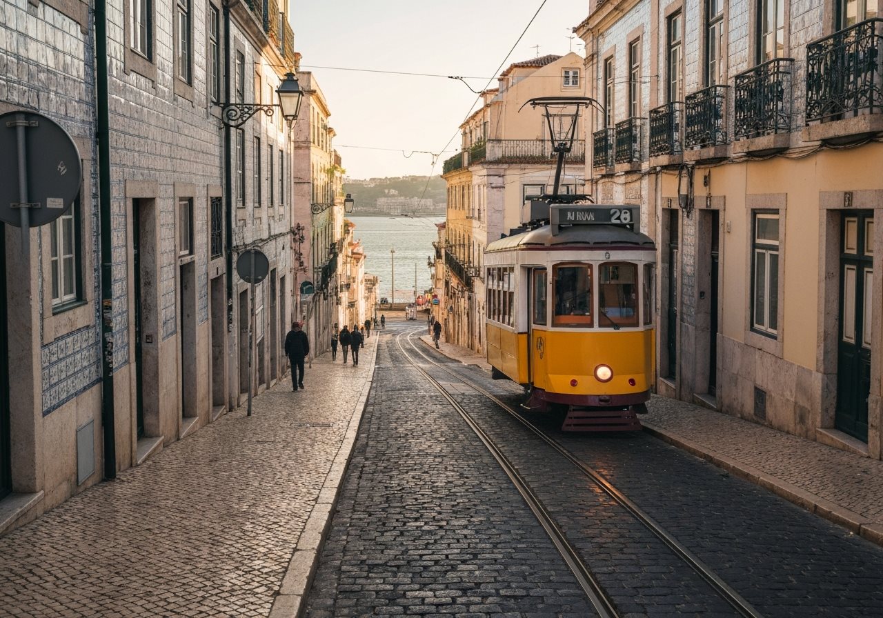 Portugal — Lisbon tram on a pastel street