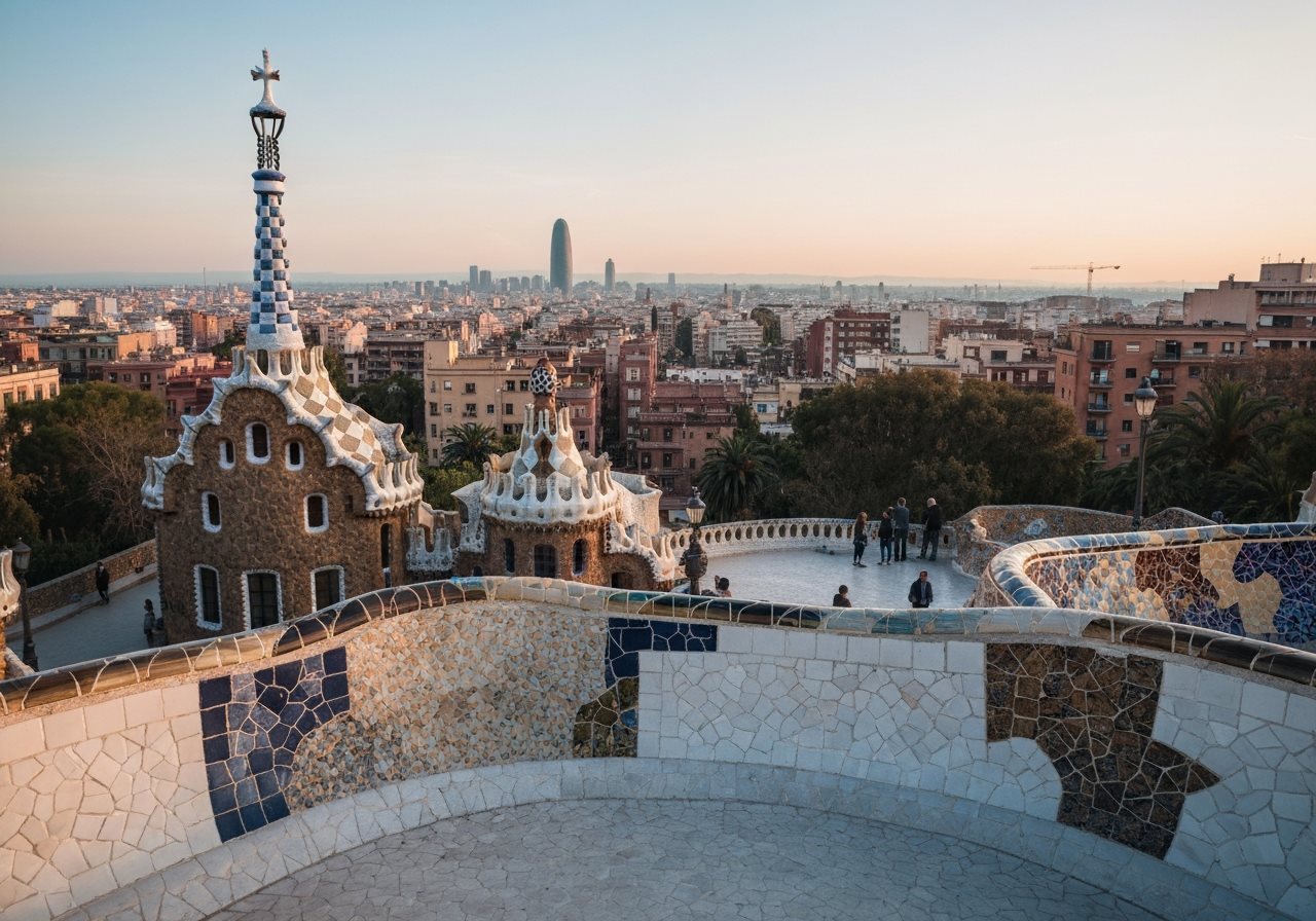 Spain — Barcelona Gaudí terrace and skyline