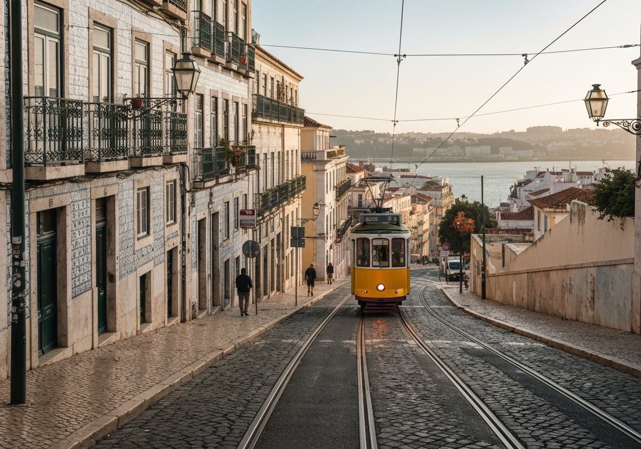 Lisbon street with tram and pastel houses