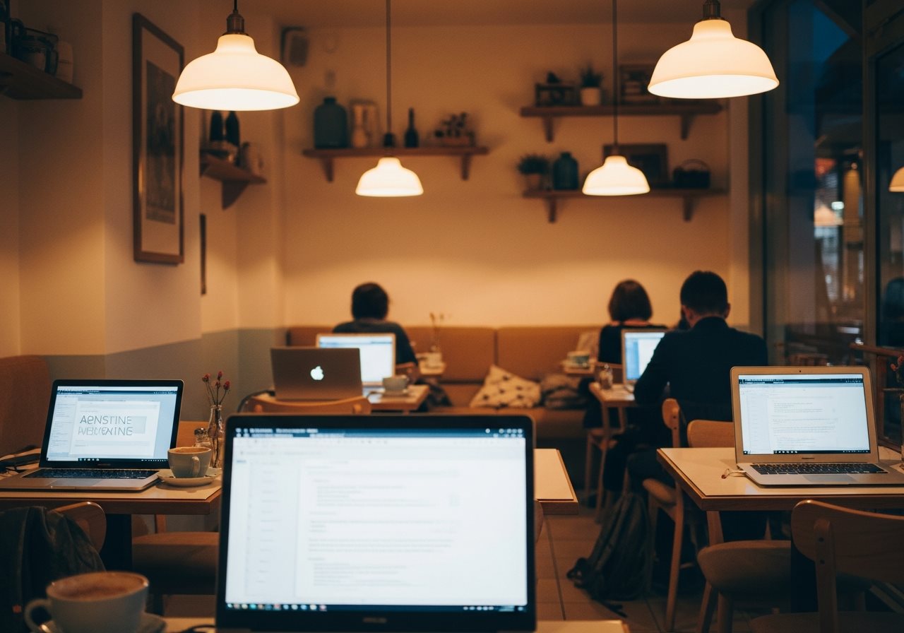 Quiet cafe with laptops